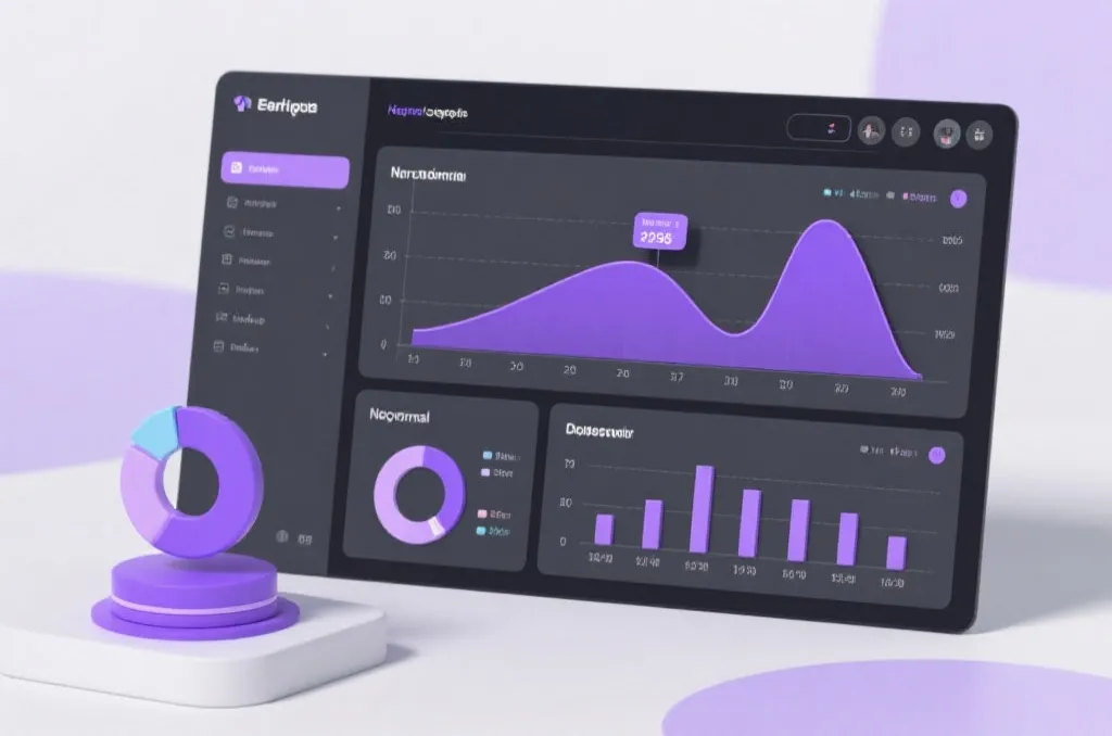Modern editorial data dashboard presenting 3D charts and normal distribution curve with clean violet and gray color palette